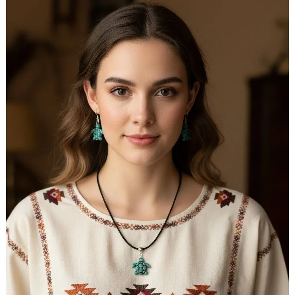 Faux Turquoise Turtle Polymer Clay Southwestern Pendant Necklace & Earring Set